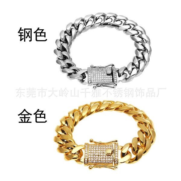 不銹鋼圓磨手鏈加密款 電鍍金色古巴鏈手鏈 新款鑲鋯石扣頭鈦鋼手鏈